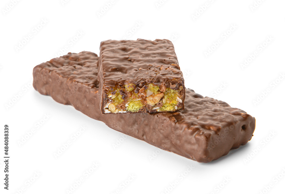 Tasty chocolate nut bar on white background