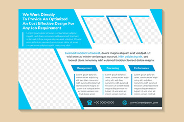 Poster - abstract flyer template design use a headline is we work directly. Horizontal layout with space for photo collage on diagonal shape. white background with diagonal elements.