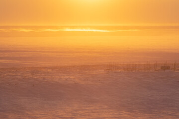 Wall Mural - winter arctic landscape. morning aerial view of the snowy tundra. a frozen sea in the distance. beau