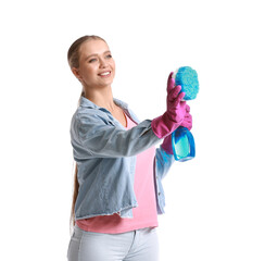 Canvas Print - Young woman with sponge and detergent on white background