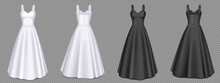 Women White And Black Dresses With Corset And Maxi Skirt In Front And Back View. Vector Realistic 3d Mockup Of Blank Girls Evening Gown With Sweetheart Neckline Isolated On Transparent Background