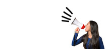 Young Woman Shouting Into A Megaphone With Sound Symbol