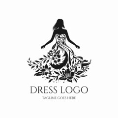 Sticker - Dress logo vector, elegant dress design with flower illustration