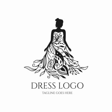 dress logo vector, bride icon silhouette, beauty dress with flower design