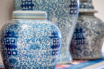 Blue and white ginger jars and vases with the Chinese character for 'Double happiness'