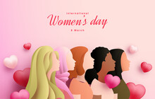 Women's Day Background With Illustrations Of Several Women Lined Up. 