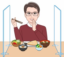 Poster - アクリルパネルの間で食事をする男性