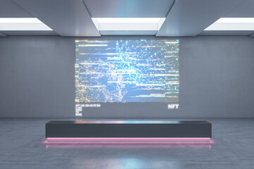 Poster - Abstract exhibition center with glowing polygonal NFT hologram. Technology, business and currency concept. 3D Rendering.