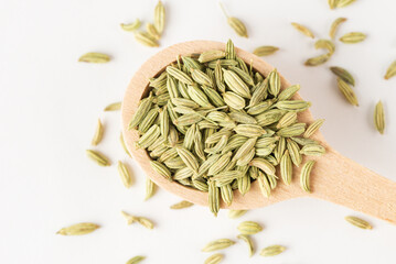 Macro photo of green dry fennel seeds in  wooden spoon on white background, top view