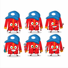 Sticker - mechanic red chinese traditional costume cute mascot character with pliers