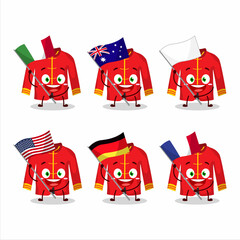 Canvas Print - Red chinese traditional costume cartoon character bring the flags of various countries