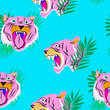 Seamless pattern with colorful tiger and palm leaf. Editable vector illustration.