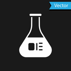 Sticker - White Test tube and flask chemical laboratory test icon isolated on black background. Laboratory glassware sign. Vector Illustration