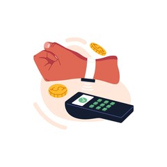 Poster - Contactless payment with hand smart watches and POS terminal. Person paying cashless with smartwatches on wrist. Buying with wireless device. Flat vector illustration isolated on white background