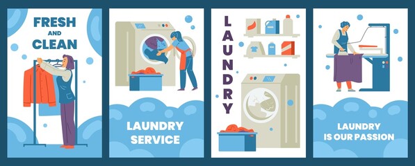 Banners or posters set of dry clean and laundry, flat vector illustration.