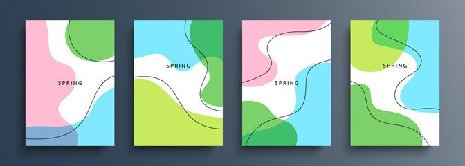 Poster - Springtime backgrounds with various dynamic liquid shapes and black outlines for your creative graphic design. Spring season collection. Vector illustration.