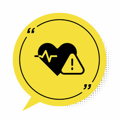 Poster - Black Heart rate icon isolated on white background. Heartbeat sign. Heart pulse icon. Cardiogram icon. Yellow speech bubble symbol. Vector