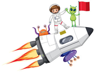 Wall Mural - an astronaut on rocketship with aliens in cartoon style