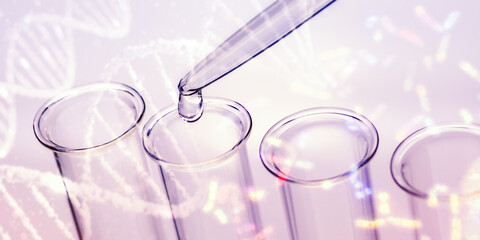Wall Mural - pipette and test tubes with dna and chromosomes in background