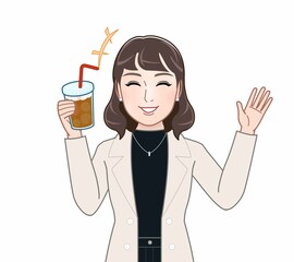 Sticker - コーヒーを持って歩く女性