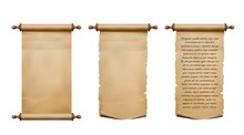 Old Parchment Paper Scroll And Ancient Papyrus Manuscript. Realistic Antique Vector Rolls Of Rough Paper With Torn Edges,. Certificate, Treasure Map Or Document, Letter, Message Or Diploma