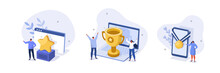 Winners With Prize Illustration Set. Characters Celebrating First Place Victory With Golden Cup, Medal And Other Winning Trophies. Business Goals, Achievement And Success Concept. Vector Illustration.