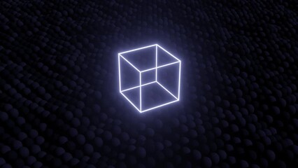 Wall Mural - neon glowing cube in a black space with moving field. seamless loop simple 3d animation with neon gl