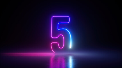 Wall Mural - 3d render, neon number five glowing in the dark with ultraviolet light, pink blue gradient laser ray