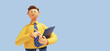 © NeoLeo - 3d render. Cartoon character young caucasian man isolated on blue background. Cute guy wears yellow shirt, blue tie, holds clipboard, looks at camera. Social survey concept