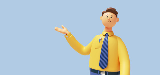3d render. Cartoon character young man isolated on blue background. Sales manager wears yellow shirt, blue tie, looks at camera, show gesture. Presentation concept. Successful businessman