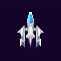 Poster - Rocketship, cartoon spacecraft, spaceship on two turbines isolated cartoon icon. Vector galaxy space ship launch or takeoff, flaming shuttle to travel in galaxy, spacecraft, starship craft explorer