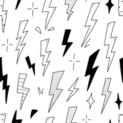 Lightning doodle thunderbolt seamless pattern. Hand drawn doodle sketch style. Electric flash energy bolt background. Vector illustration.