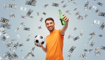 Wall Mural - sport, leisure games and online betting concept - happy smiling man or football fan with soccer ball and bottle of beer over money on grey background background