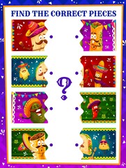 Poster - Find correct pieces of cartoon mexican tacos, avocado enchiladas , tamales funny characters. Kids jigsaw puzzle riddle vector worksheet or child logical game with matching activity and mexican meals