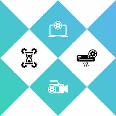 Sticker - Set Hourglass setting, Video camera, Laptop and Air conditioner icon. Vector