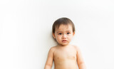 Fototapeta Desenie - Portrait of baby boy standing crying on white isolated background. Cute little son child is crying. Support protection of empathy and consoling concept, Family relationships concept.
