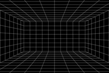 3d Digital White Grid Of Black Room Space With One Point Perspective. Empty Geometric Cyberspace Studio Background. Virtual Three Dimension Scene. Easy Guide Architecture Template