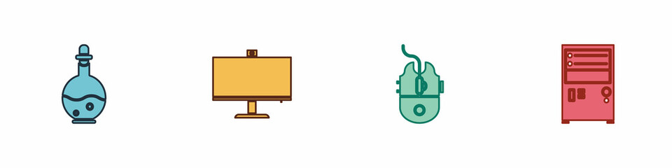 Poster - set bottle with magic elixir, computer monitor, mouse gaming and icon. vector