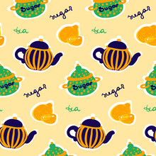 Simple Tea Items Vector Pattern On The Beige Background. Cartoon Flat Style Purple, Yellow And Blue Sugar Jar, Teapot And Lemon. English Tea Time. Calligraphy Lettering.