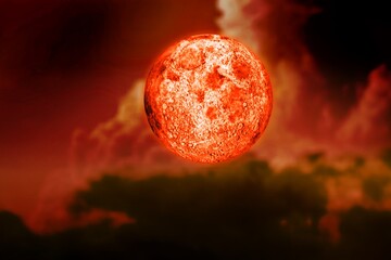 Wall Mural - blood moon, red moon, full blood moon in black sky with cloud.