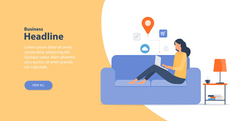 Fototapete - Homepage web banner design concept business people working online any workplace with remotely technology working concept. flat vector illustration design.