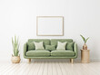 Horizontal wooden frame mockup in living room interior with green velvet couch, slat side table and plants on empty white wall background. Illustration, 3d rendering
