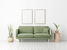 Painting Art Mockup With Pair Of Vertical Frames Hanging In The Wall Above Green Velvet Sofa In White Interior Decorated With Plants. Illustration, 3d Rendering