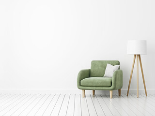 Fototapete - Empty living room wall mockup with green velvet armchair, pillow and floor lamp on blank white interior background. Illustration, 3d rendering