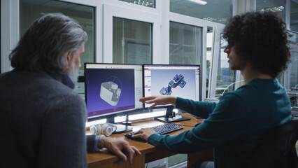 Young and mature men examining and discussing 3D models on computers while working in modern design studio together