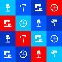 Sticker - Set Table lamp, Paint roller brush, Coffee machine and Clock icon. Vector