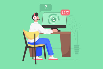 Aufkleber - Call center and customer support modern flat concept. Consultant in headphones works on computer and helps client solve technical problems. Vector illustration with people scene for web banner design
