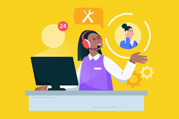 Aufkleber - Call center and customer support modern flat concept. Woman operator in headphones works on hotline, advises clients on phone around clock. Vector illustration with people scene for web banner design