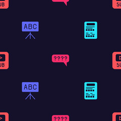 Sticker - Set Exam sheet, Chalkboard, Speech bubbles with Question and Video subtitles on seamless pattern. Vector