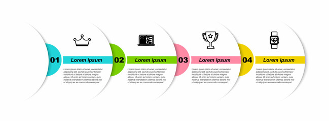 Poster - Set line Crown, Medical clinical record, Trophy cup and Smart watch heart beat rate. Business infographic template. Vector